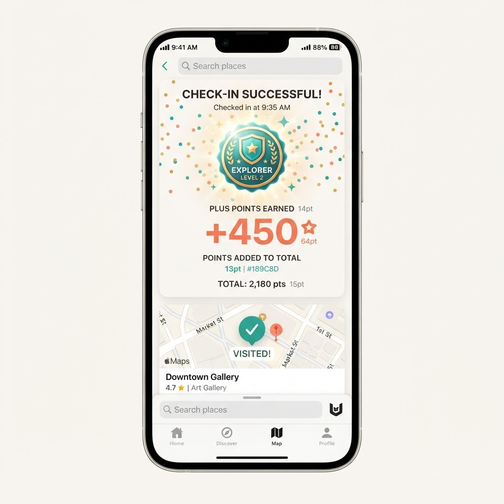 Waypoint check-in screen celebrating points earned and a badge unlocked