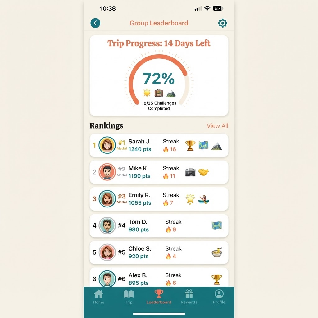 Waypoint leaderboard ranking travelers by points, streaks and badges with an overall completion ring