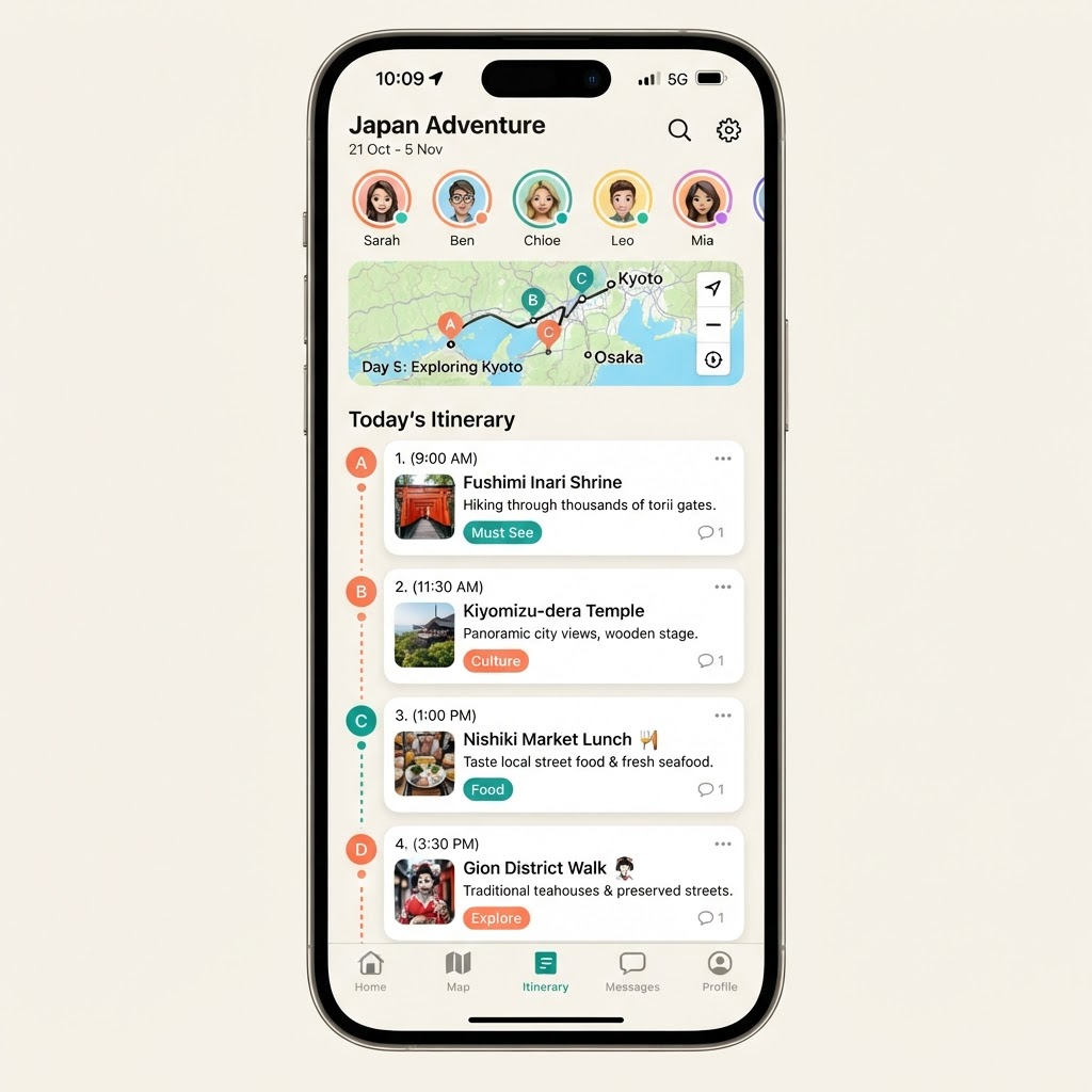 Waypoint trip planning screen showing an itinerary and a map with pinned waypoints